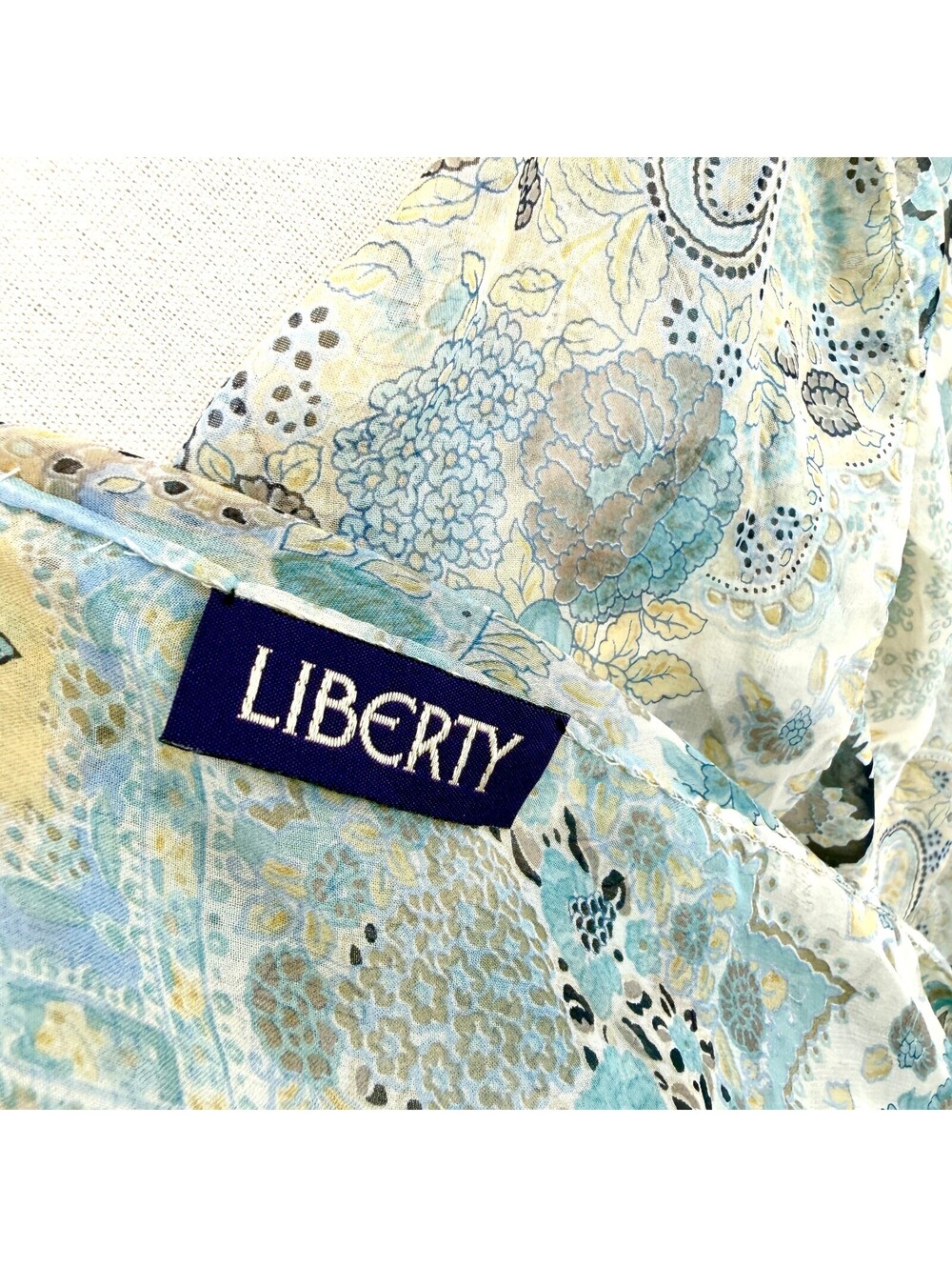 Vintage Y2K Liberty of London Cream Blue Silk Paisley Scarf - Picture 5 of 6